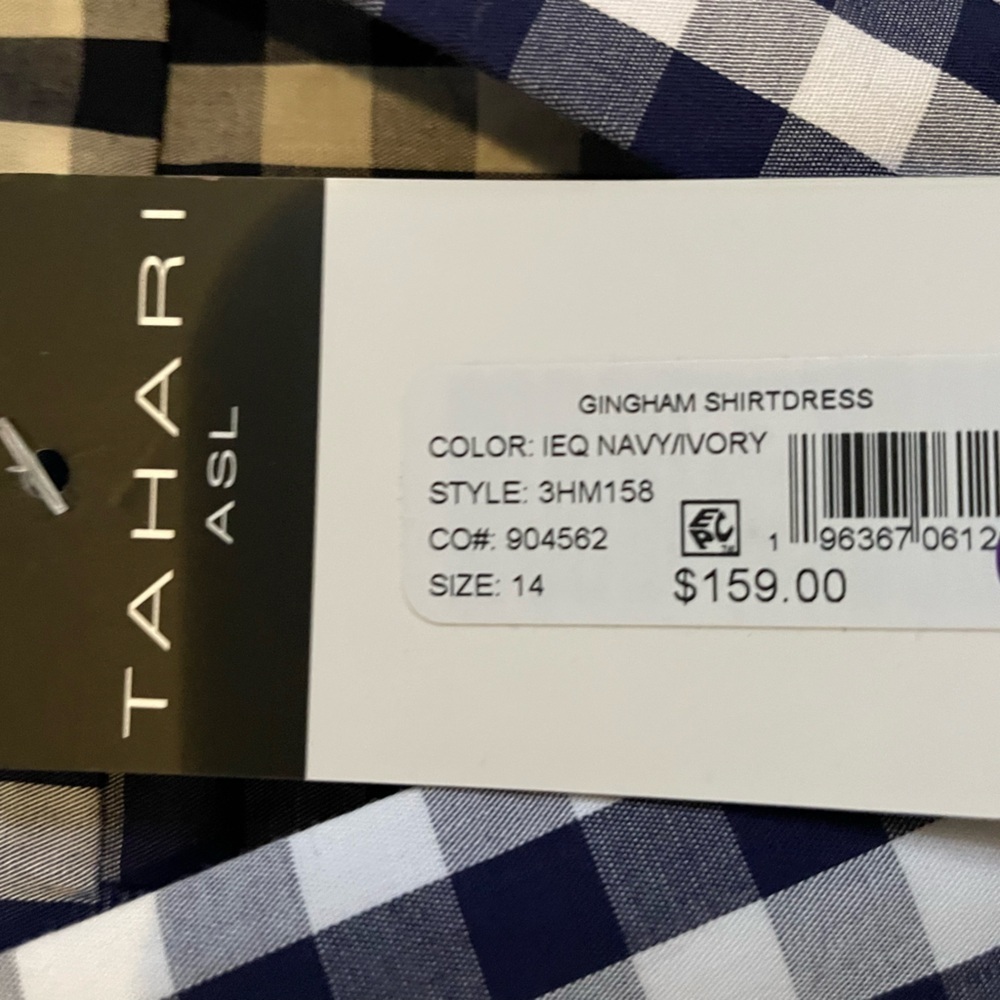 NWT Tahari Navy & White Gingham Long Sleeve Shirt Dress - Picture 3 of 15